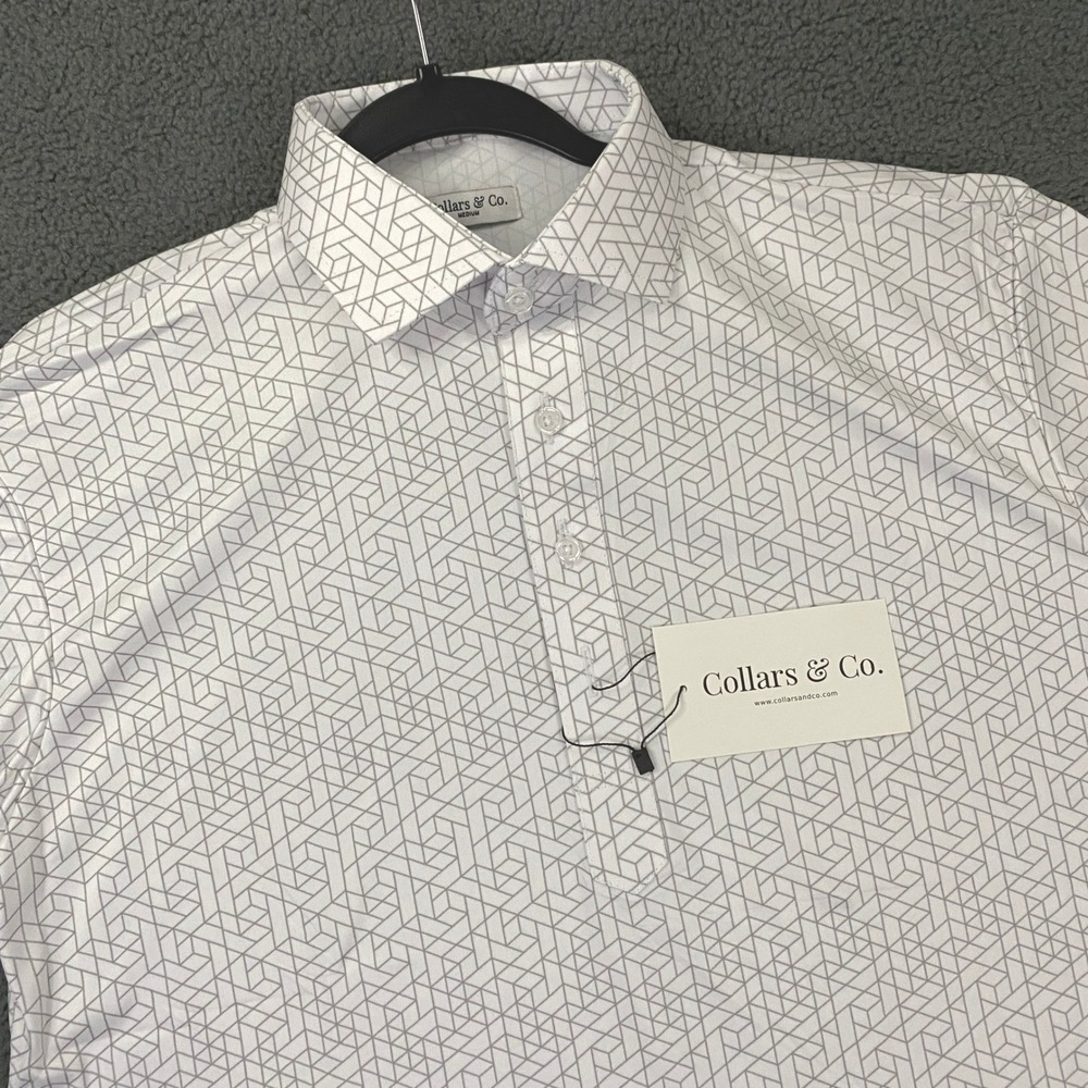 Collars & Co Dress Polo Shirt Mens Medium White Gray Geometric Stretch NWT